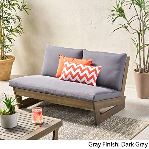 Great Deal Furniture GDFStudio Outdoor Acacia Wood Loveseat with Cushions, Gray and Dark Gray