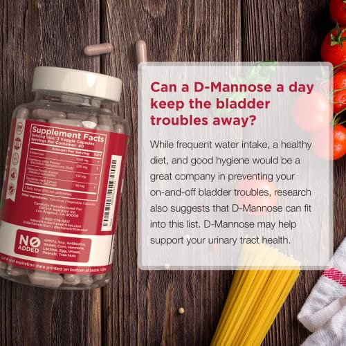 Natural D-Mannose Capsules 4-in-1 Formula - 120 CAPS, 1500 MG Cranberry, Dandelion, Hibiscus Flower Extract, Pills for Supporting Bladder and Urinary Tract Health