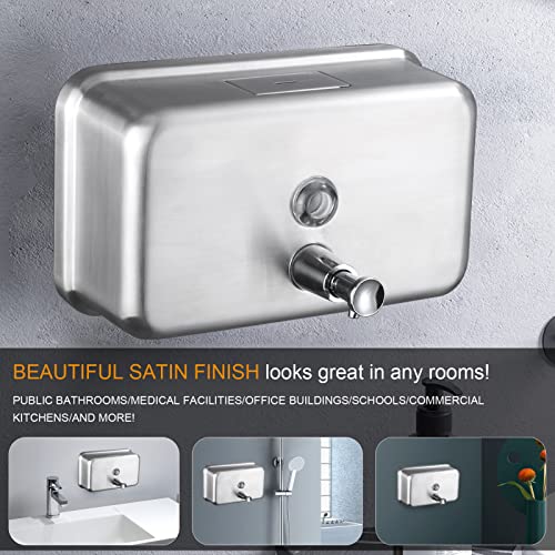 VANNSOO Commercial Wall Mount Stainless Steel Soap Dispenser, Rust-Proof Lining Liquid Hand Sanitizer Dispenser Bathroom 1100 ml / 37 oz. (Horizontal)