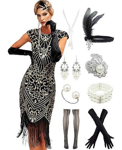 Womens Flapper Dress w/Cap Sleeves Art Deco Sequin Beaded Fringe 1920s Great Gatsby Party Dress w/Accessories Set Black Gold