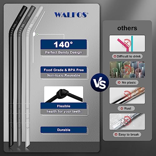 WALFOS Extra Long Reusable Silicone Straws 14.5 inch, Big Sizes Flexible Bendy Straws for 1/Half Gallon Large Water Bottles, 128 75 64 40 OZ Tumbler with Cleaning Brush (6-Pack)