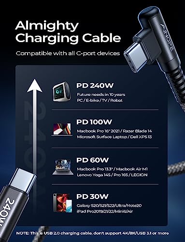 AINOPE 240W USB C to USB C Cable (6.6ft 2Pack), C to C Type Fast Charging Cable Braided USB C Charger cable, USBC to USBC Cable Right Angle for Samsung Galaxy S24, iPhone 15 Pro, MacBook, iPad Pro Air