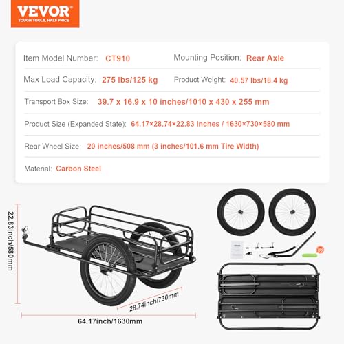 VEVOR Bike Cargo Trailer, 275 lbs Load Capacity, Heavy-Duty Bicycle Wagon Cart, Foldable Compact Storage & Quick Release with Universal Hitch, 20" Wheels, Fits Most Bike Wheels, Carbon Steel Frame