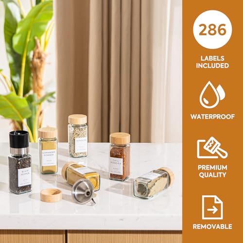 FavorFlavor 24 Pcs Spice Jars with Label, 4.3OZ Thickened Glass Seasoning Jars with Bamboo Lids & Pepper Grinder, Airtight Sealing with Metal Funnel for Easy Refilling, Spice Jars with Shaker Lids
