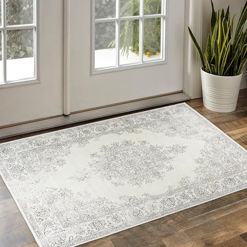 ReaLife Machine Washable Area Rug Runner - Living Room Bedroom Bathroom Kitchen Entryway Office - Padded Low Pile Stain Resistant Premium - Boho Farmhouse Vintage - Noor - Silver Ivory 2'6" x 6'