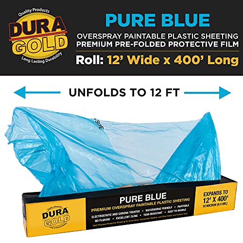Dura-Gold 12' x 400' Pure Blue Protective Masking Film Cover - Overspray Paintable Sheeting Roll, Painters Plastic (10 Micron, .4 Mil) - Plastic Painting Protection for Auto & Household Paint Covering