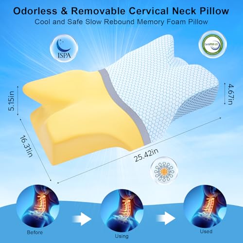 Anvo Cervical Pillow for Neck Pain Relief - Neck Pillows for Pain Relief Sleeping - Memory Foam Pillow for Neck and Shoulder Pain - Ergonomic Pillow for Side Back Stomach Sleeper-Blue Firm Queen