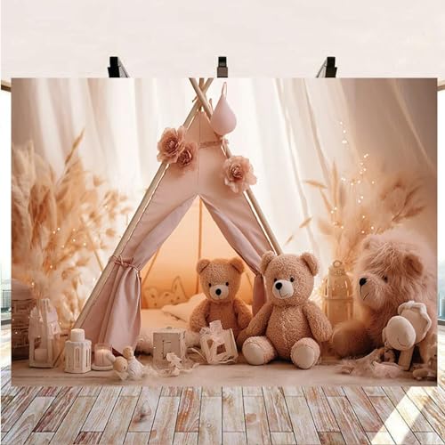 Vinyl Boho Birthday Party Photography Backdrop Camping Tent Toy Bear Kids Birthday Party Decoration Pampas Grass Baby 1st Birthday Background Baby Shower Wedding Baptism Background,5X3FT