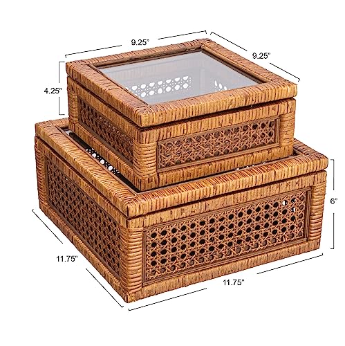 Creative Co-Op Modern Decorative Rectangle Woven Rattan and Wood Display Boxes with Glass Top, Set of 2 Sizes, Dark Brown Finish, Rectangular