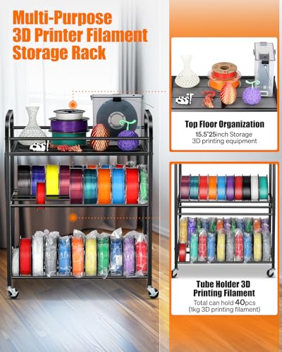 AHOWPD 3D Printer Filament Storage Rack- Rolling Filament Spool Holders Racks with Wheels, Heavy Duty Metal Shelf for PLA/ABS/TPU/Nylon, Filaments Organzied for 3D Printing Studio, Office Workshop