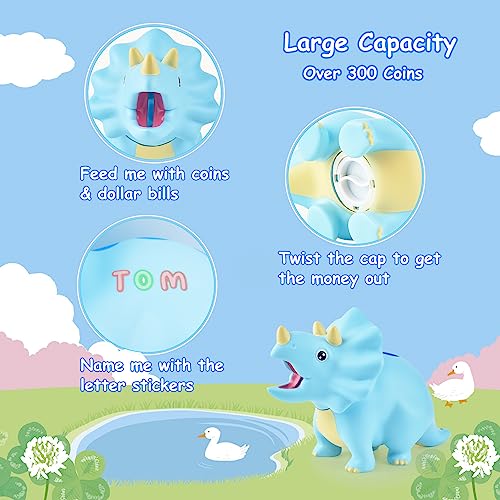 PJDRLLC Dinosaur Piggy Bank for Kids, Unbreakable Plastic Money Coin Bank for Boys and Girls, Great Gifts for Birthday, Easter, Christmas (Blue)