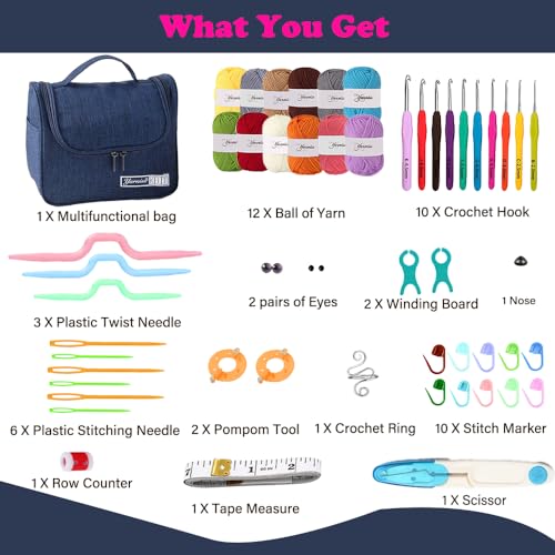 Yarniss Crochet Kits for Beginners, All in One Crochet Kits with 840 Yards Crochet Yarn, 10 Size Ergonomic Crochet Hooks 2.0mm~6.5mm, Blue