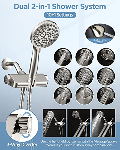 MakeFit Filtered Shower Head with Handheld Combo Brushed Nickel - Dual 2-in-1 Spa System with Massage Shower Head and 10 Modes Hand Held Shower Head, High Pressure, Buit in Power Wash Mode