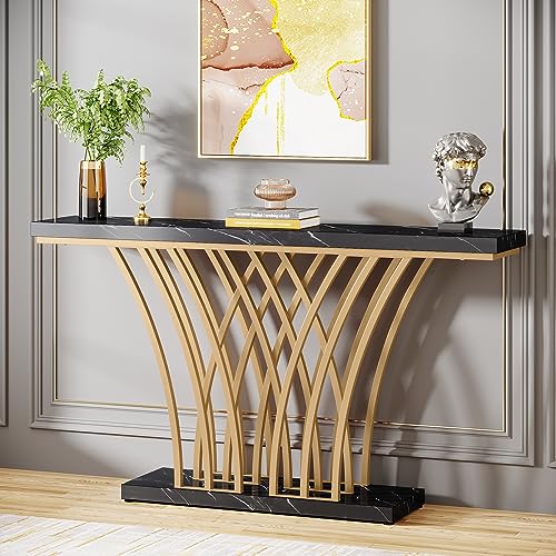 LITTLE TREE Narrow Entryway Console Table,Faux Marble Black+Gold