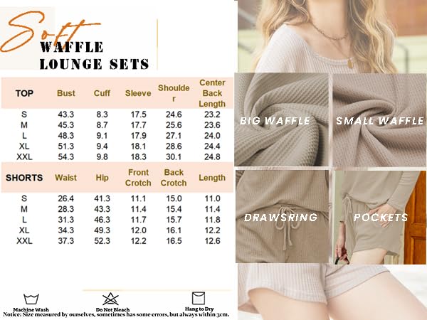 Ekouaer Womens Waffle Knit Pajama Sets Long Sleeve Top and Shorts Matching Lounge Set Sleepwear Loungewear Sweatsuit with Pockets A-Light Khaki Large