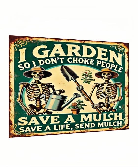 Carastora Vintage Metal Tin Sign – "I Garden So I Don’t Choke People," Save A Life, Send Mulch, 8x12 Inch Metal Sign, Perfect for Garden, Kitchen, Bar, and Café Décor