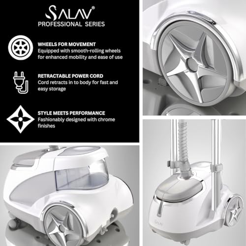 SALAV® Professional Standing Garment Steamer with Retractable Power Cord, Foot Pedal Control, Wheels for Easier Movement (Silver)