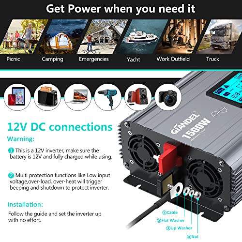 GIANDEL Pure Sine Wave Power Inverter 1500 Watt Low EMI FCC approved Converts DC 12V to AC 120V with LCD Display 3xAC Outlets & Remote Controller 2 USB Ports for RVs Trucks Boats and Emergency