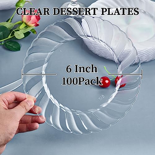 FOCUSLINE 100 Count 6 Inch Clear Plastic Plates, Disposable Heavy Duty Salad Dessert Plates- Premium Hard Plastic Plates Fancy Disposable Clear Plates for Weddings, Parties and Events