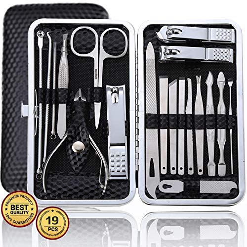 Manicure Set Pedicure Kit Professional 19 Pcs Nail Clipper for Men & Women Stainless Steel Sharp Cutter Grooming Nose Hair Scissors…Black Fingernails & Toenails with Portable Case (Black_19 pieces)