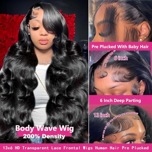 oveflect 16 Inch 13x6 Lace Front Wigs Human Hair 200 Density Body Wave HD Lace Front Wigs Human Hair Pre Plucked Natural Color Glueless Wig 100% Virgin Human Hair Lace Front Wigs for Women