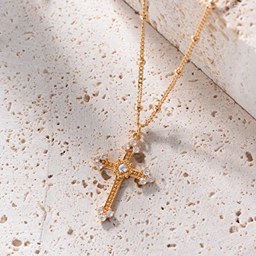 Fettero 14K Gold Plated Cross Necklace, Cross Faith Blank Pendant Dainty Chain Simple Tiny Jewelry Gift for Women