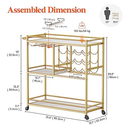 Lifewit Bar Cart for The Home, 3 Tier Drink Cart with Lockable Wheels, 12 Wine Rack and 3 Rows Glass Holders, Liquor Serving Cart for Kitchen Dining Livingroom, 31.6" x 13.1" x 33.9", Gold