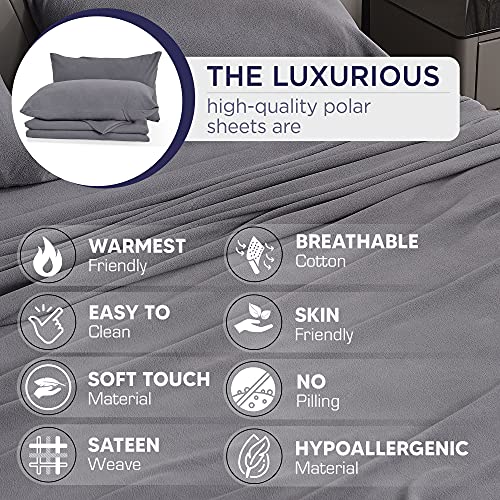Nikazz Super Soft Fleece Sheet Set - Extra Plush Polar Fleece, No-Pilling Bed Sheets - All Season Cozy Warmth Flat Sheet, Fitted Sheet and 2 x Pillowcases, 4 Piece (Queen, Grey)