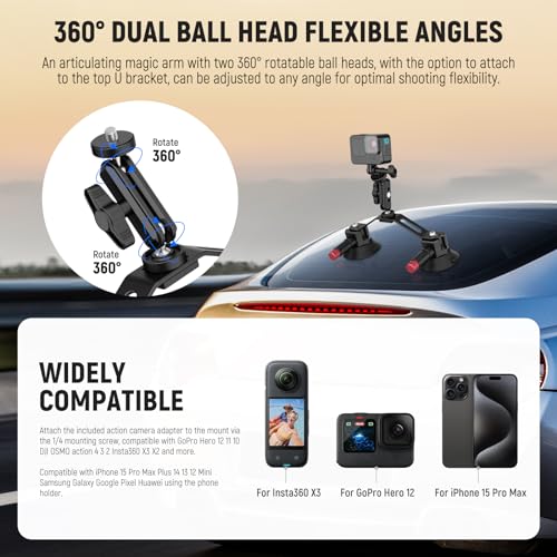 NEEWER Dual Suction Cup Car Mount Kit with 360° Ball Head Magic Arm, Quick Release Air Pump Vacuum Camera Mount with Phone Holder & Action Camera Adapter Compatible with GoPro Insta360 DJI OSMO, CA066