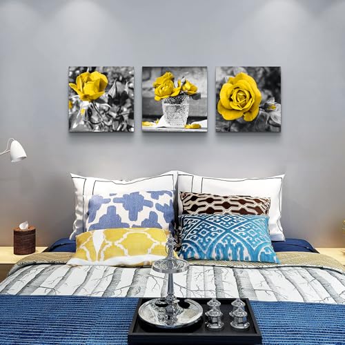 Lapremoly Canvas Wall Art For Kitchen Restaurant Wall Decor For Bedroom Black And White Wall Painting Yellow Rose Pictures Print Art Ready To Hang Girls Gift Room Modern Home Decor 12"X12" 3 Pieces