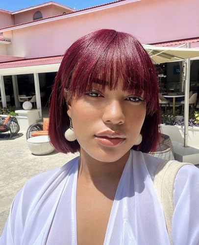 Atikual Bob Wig with Bangs Human Hair Wigs Glueless Wigs Straight Layered Bob Wigs with Bangs 3x1 Transparent Lace Bob Wigs for Women 8Inch 99J