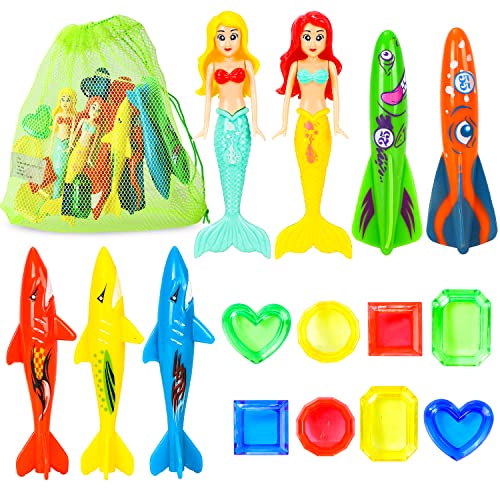 TOY Life 16Pcs Swimming Pool Dive Toys for Kids Swim Toys for Kids Practice Diving Swimming Toys with Pool Torpedo Gliding Shark Pool Mermaid Toys Underwater Diving Game Water Games for Boys and Girls