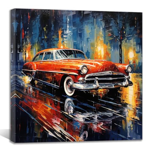 QIXIANG Abstract Car Wall Art Retro Red Car Picture Wall Decor Modern Home Decor Artwork Boys Room Bar Office Decor Ready to Hang (Red Car 2, 12.00" x 12.00")