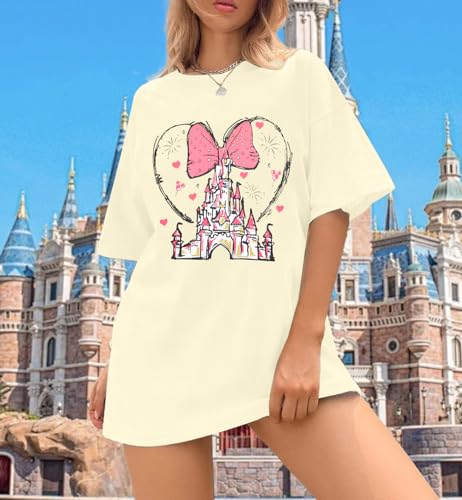 Magic Castle Oversize Shirt Women Magic Kingdom T Shirt Fairy Tale Graphic Tee Cartoon Kingdom Tops Holiday Vacation Shirts Apricot