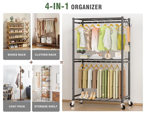 Neatrays Rolling Clothes Rack for Hanging Clothes, Metal Clothing Garment Rack with Double Rods & 3 Wire Shelves, Portable Wardrobe Closet with Wheels