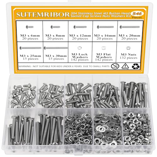 546 Pieces M3 Screws Nuts Washers Set, Sutemribor M3 x 6/8/12/16/20/25/30mm Button Head Socket Cap Screws Nuts Washers Assortment Kit, 304 Stainless Steel, Fully Threaded