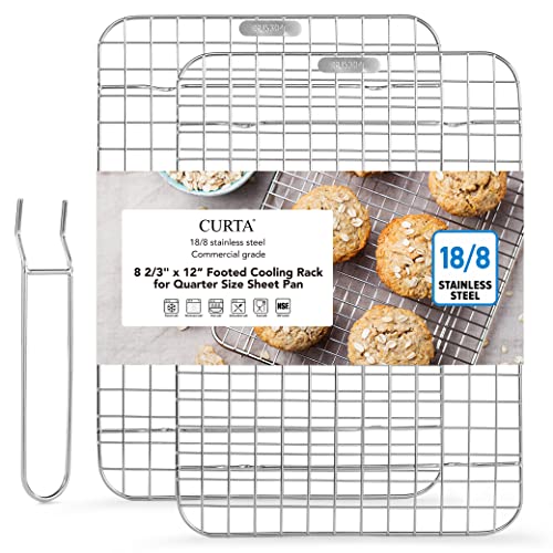 CURTA 2 Pack Chef Cooling Rack, NSF Listed 18/8 Stainless Steel Oven Safe Grid Wire Cookie Cooling Racks for Baking & Cooking - 12" X 8.7" Commercial Grade comes with Lifting Handle …