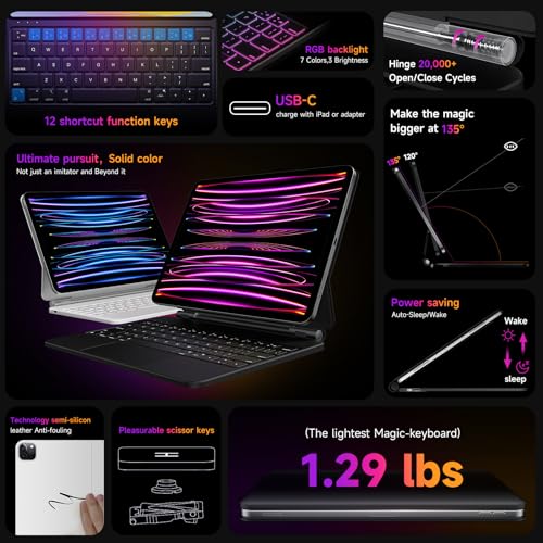 HOU iPad Pro 11 Inch Case with Keyboard M4 2024(ONLY),Magic Keyboard iPad Pro 11 Inch (5th Gen) Keyboard Case for iPad Pro (M4) 11-inch,Multi-Touch Trackpad,7 Colors Backlight,Easy-Set,Black