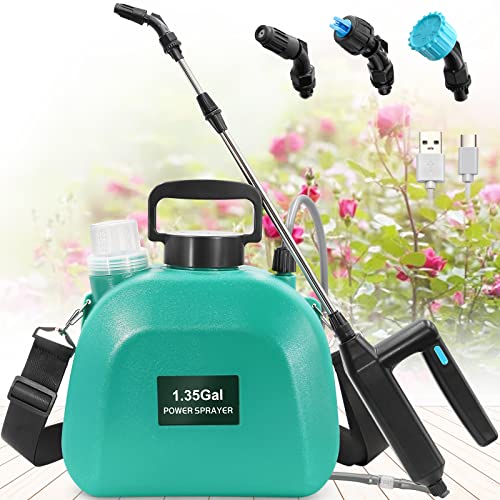 Battery Powered Sprayer 1.35Gallon, Upgrade Electric Garden Sprayer with 3 Mist Nozzles, USB Rechargeable Handle and Retractable Wand with Adjustable Shoulder Strap for Lawn,Garden,Cleaning