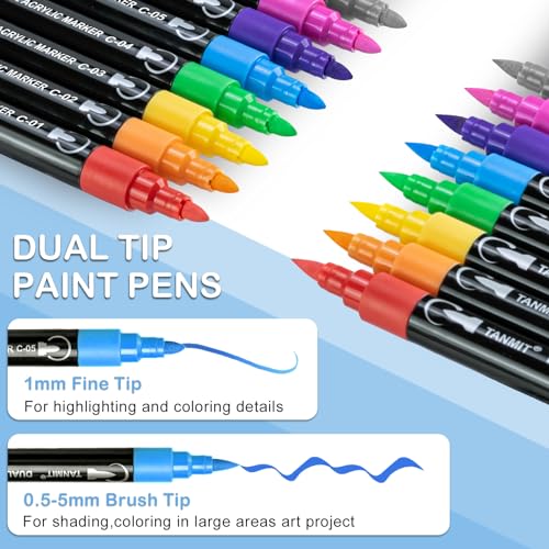 Acrylic Paint Pens, 12 Colors Dual Tip Acrylic Paint Markers with Brush Tip and Fine Tip, Acrylic Pens for Rock Painting, Wood, Canvas, Stone, Glass, Ceramic,DIY Crafts Making Art Supplies