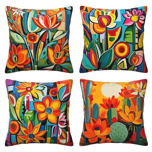 Set of 4 Art Theme Pillow Cover， Reversible Pillow Cases Decorative Cushion Throw Pillowcase for Bed Home Decor、 Living Room Outdoor Pillowcase、 Patio Furniture Pillowcase (Art 9, 18x18)