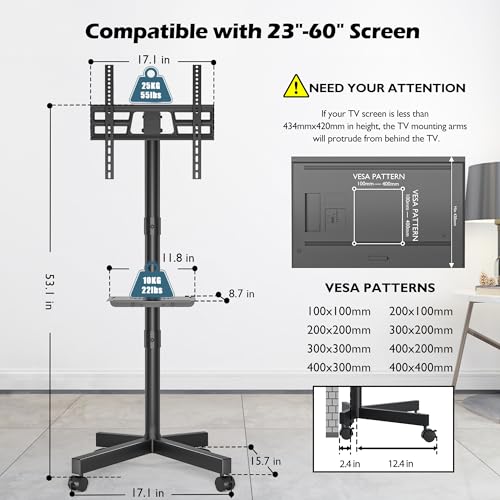 BONTEC Mobile TV Stand, Tilt Rolling TV Cart with Media Shelf and Locking Wheels, Fits 23-60” LED, LCD, OLED Flat Curved TVs, Holds Up to 55lbs, Max VESA 400x400mm