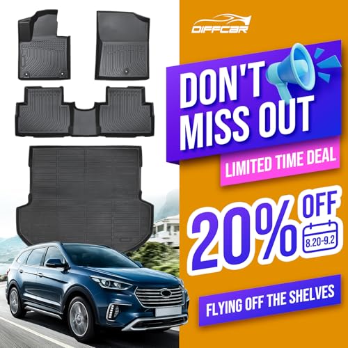 DiffCar® Floor Mats for Hyundai Santa Fe 2023 2022 2021 (Gasoline Models ONLY), Cargo Trunk Liner All-Weather TPE Floor Protectors, for Santa Fe 2021-2023 Interior Accessories (Floor Mats+Cargo Mat)