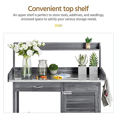 Yaheetech Outdoor Potting Bench Table, Garden Workstation w/Metal Tabletop/Cabinet Drawer/Open Top/Lower Shelf/Handy Hooks for Horticulture,Gray