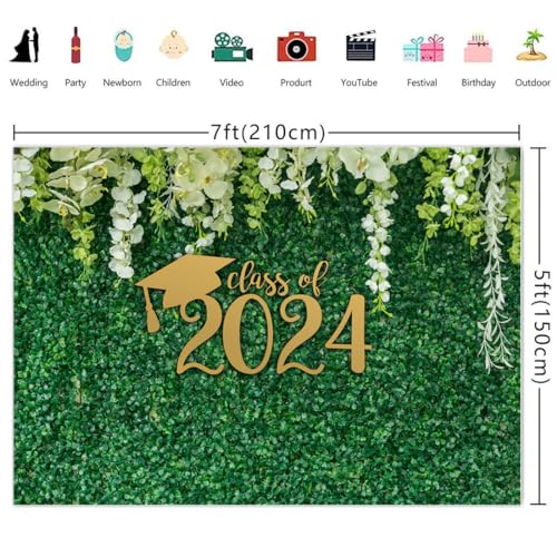 Wollmix 2024 Graduation Party Decorations Photo Backdrop for Photography Banner Class of 2024 Congrats Grad Congratulations Graduate Green Leaves Cap Grass Leaf Background Prom Photo Booth Props 5x3ft