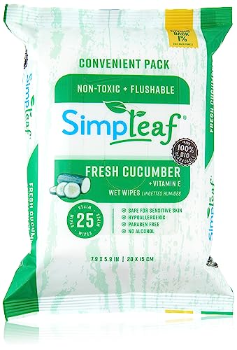 Simpleaf Flushable Wet Wipes Cucumber Eco-Friendly, Paraben & Alcohol Free | Hypoallergenic & Safe for Sensitive Skin | Soothing Aloe Formula | (4 x 25 Counts Convenient Pack) 100 Counts Total