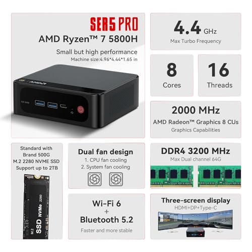 Beelink Mini PC SER5 Pro 5800H, AMD Ryzen 7 5800H(Up to 4.4GHz), 16GB DDR4 1TB M.2 PCIe3.0 SSD High-Performance Mini Computers, Support 4k Triple Display/ WiFi6/ BT5.2/ 1000Mbps LAN Home/Office