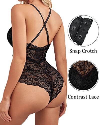 Avidlove Lingerie for Women Teddy Lingerie Snap Crotch Sexy Lace Bodysuit One Piece Teddy(Black,S)