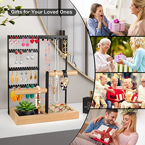 Godboat Jewelry Holder Organizer, 4-Tier Earring Holder with 48 Holes, 6 Hooks Necklace Holder, Removable Bracelet Holder, Gifts for Women, Mom, Mother's Day, Cool Preppy Stuff and Room Decor, Black