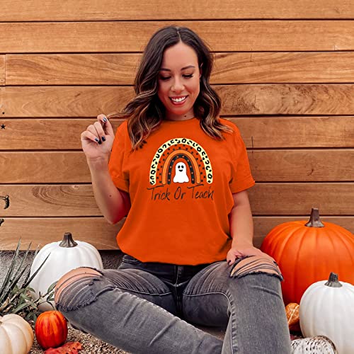 Trick Or Teach Shirt Women Halloween Teacher T-Shirts Rainbow Ghost Graphic Tees Tops Casual Letter Print Shirts Tops